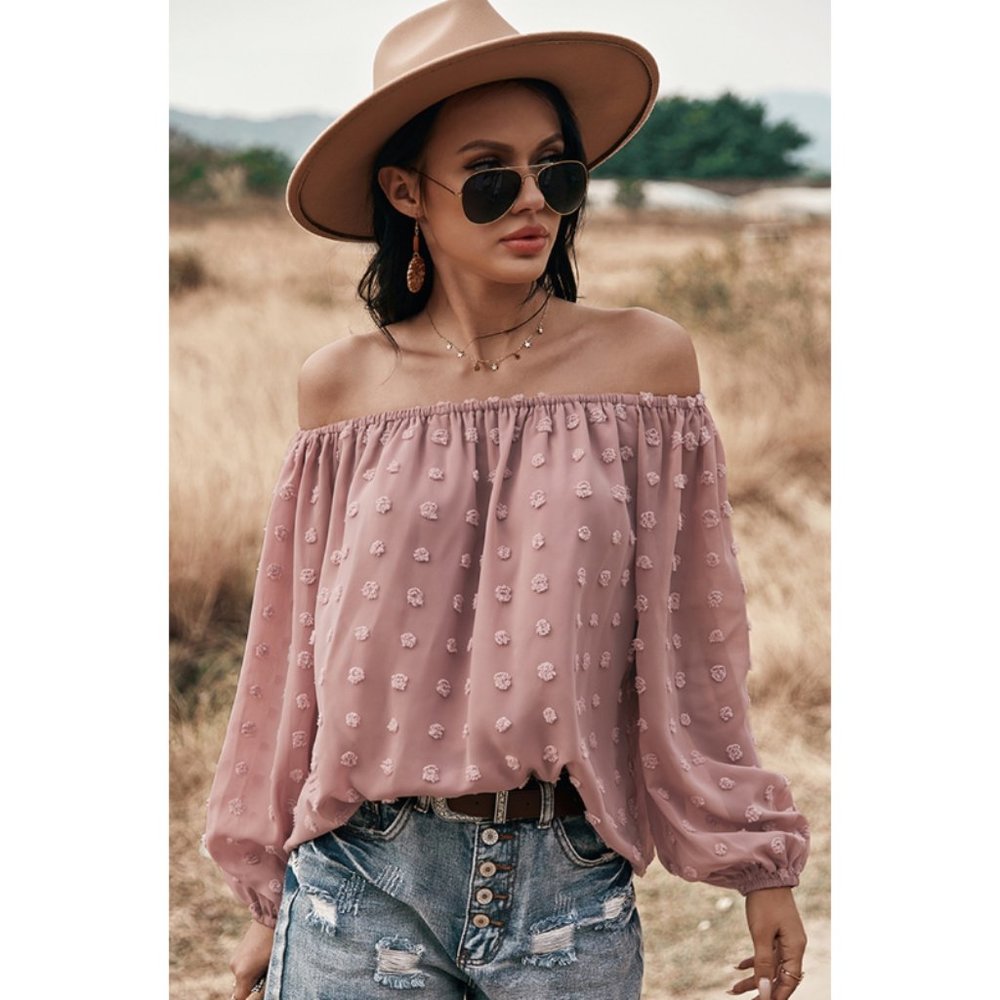 Boho Off Shoulder Loose Bubble Sleeve Top Pink - Picture 7 of 10